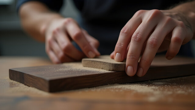 Manos de carpintero lijando minuciosamente una pieza de madera oscura en un taller artesanal