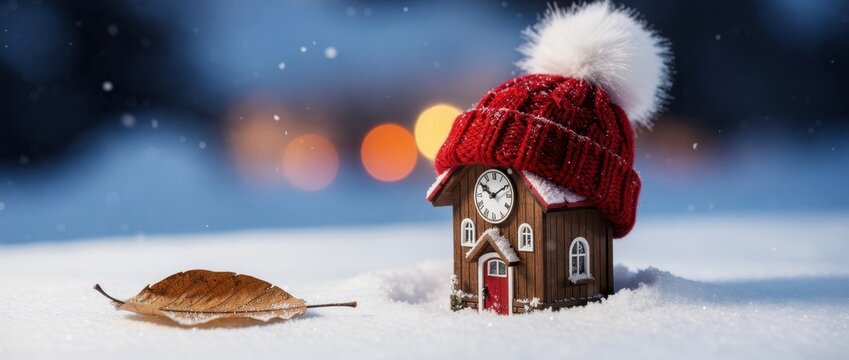 Miniature wooden house wearing a red winter hat in the snow. Tiny cabin clock tower sitting on a snowy surface with a dry leaf and bokeh lights. Cozy holiday and seasonal marketing concept.