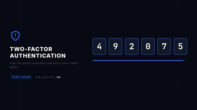 Two-factor authentication process, blue shield icon with white numbers on black background, secure verification code entry, symbolizing online security and verification for technology and business
