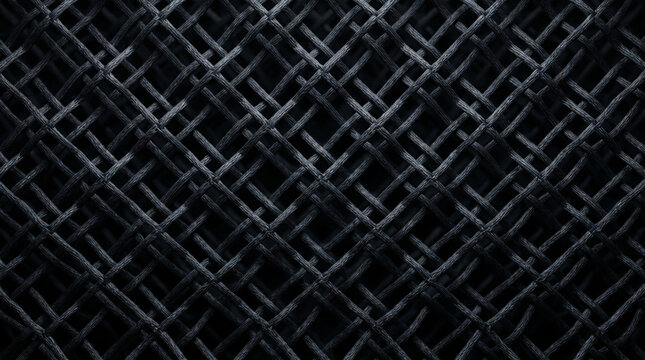 Abstract dark metal mesh background texture with woven black steel wire lattice pattern or audio microphone grille macro detail.