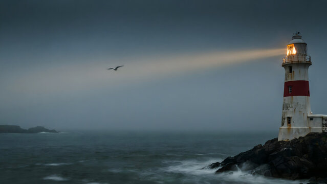 A red and white lighthouse on a rocky cliff during a stormy day with a bird flying through the light beam above the dark ocean water