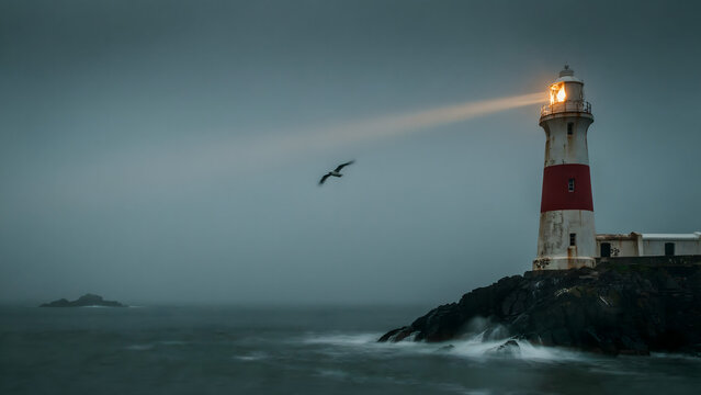 A red and white lighthouse on a dark rocky cliff during a storm with a bird flying through the light beam above the rough ocean waves