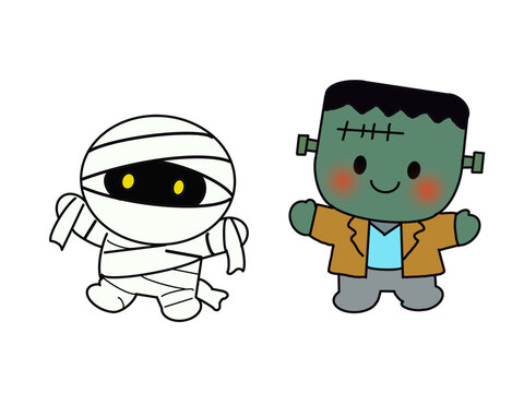 Cute Halloween Mummy and Frankenstein Monster Characters on Transparent Background