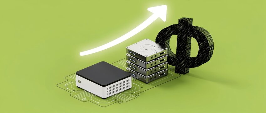 Mini PC and stack of hard drives on a circuit board with an upward arrow. Digital hardware components featuring a Greek phi symbol on a green background. Technology growth and data optimization.