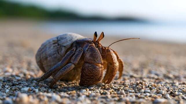 A hermit crab emerges from its shell on a sunlit pebble beach  showcasing detailed textures and natural coastal ambiance