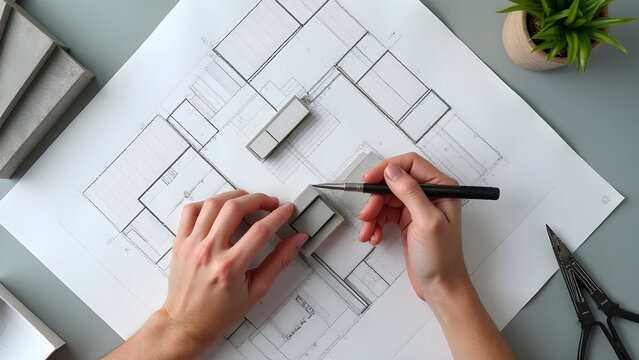 Arquitecto dise&ntilde;ando un plano y construyendo una maqueta en su escritorio