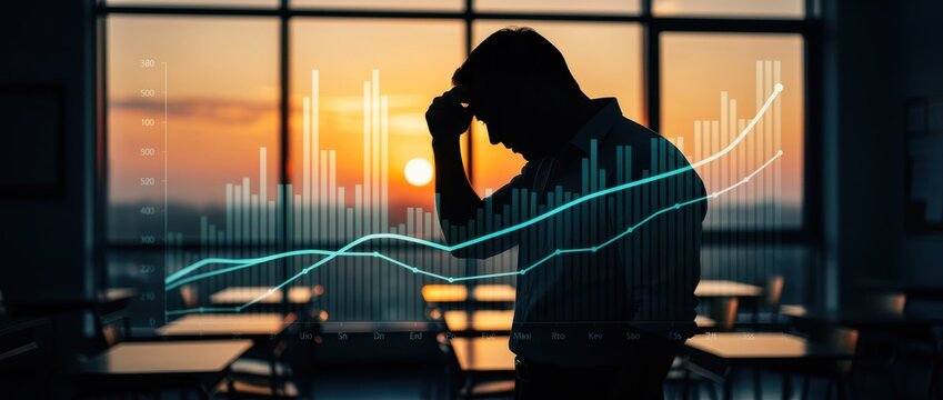 Silhouette of stressed businessman holding head against financial charts at sunset. Depressed investor facing market volatility and declining data. Financial crisis and loss concept for business.