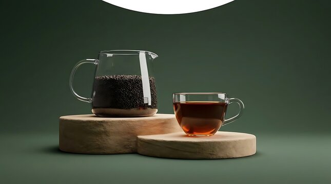 Ctc tea leaves and freshly brewed beverage in glass cup on wooden pedestals, professional commercial food photography with deep green background, 8k