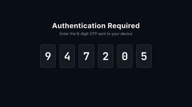 Two-Factor Authentication Process, User Enters 6-Digit OTP, Successful Verification with Green Checkmark, symbolizing secure login and digital identity verification, seamless loop, cinematic lighting