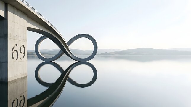Modern concrete bridge featuring a large infinity symbol structure reflected in calm water with the number 69 engraved on a support pillar against a mountain landscape.