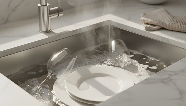 Dirty dishes and wine glasses soaking in a modern stainless steel kitchen sink filled with hot soapy water and steam, representing a daily housework chores concept