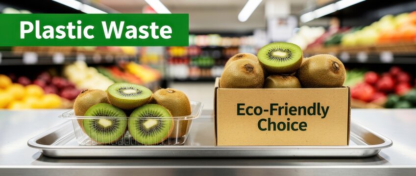 Kiwis in plastic versus cardboard packaging in a grocery store. Comparison between eco-friendly boxes and non-recyclable containers. Environmental sustainability concept for zero-waste marketing.