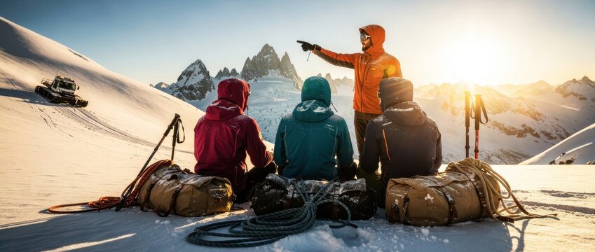 Mountain guide pointing toward peaks for three climbers. Group resting with gear during sunrise glacier expedition. Adventure leadership concept for travel and extreme sport marketing.