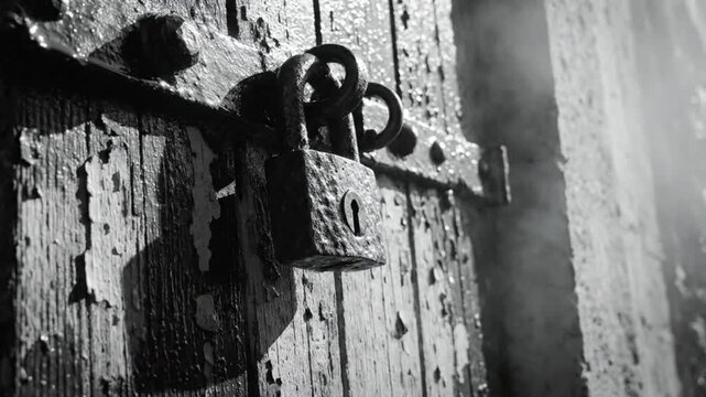 Black and white close up of a person wearing a glove unlocking an old padlock on a weathered wooden door