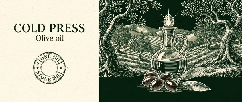 Vintage engraving of olive oil carafe and fresh olives in a grove. Artisanal label design featuring rustic olive trees and stone mill seal. Organic food concept for packaging and branding.