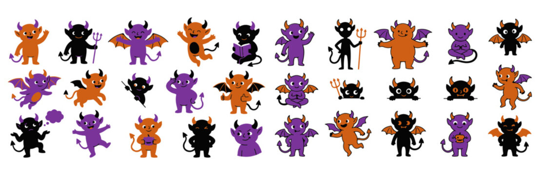 Halloween-themed demon faces, skulls, and bats in purple, orange, and black