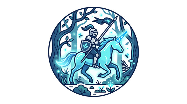 A mystical blue knight riding a glowing unicorn through an enchanted forest, depicted in a circular, illustrative style.