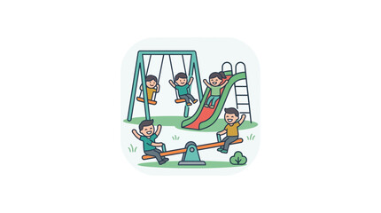 Fototapeta premium Happy children playing together on a swing set, slide, and seesaw in a vibrant park playground, enjoying outdoor leisure activities.