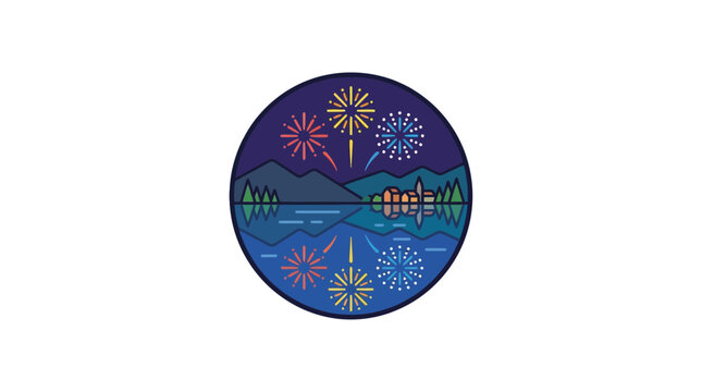 Circular illustration of fireworks exploding over a serene lake with mountains and a town reflecting in the water at night.