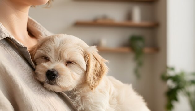 Adorable small puppy dog laying on owners chest sleeping comfortably at home for pet care adoption love and emotional support bond concept with warm cozy atmosphere