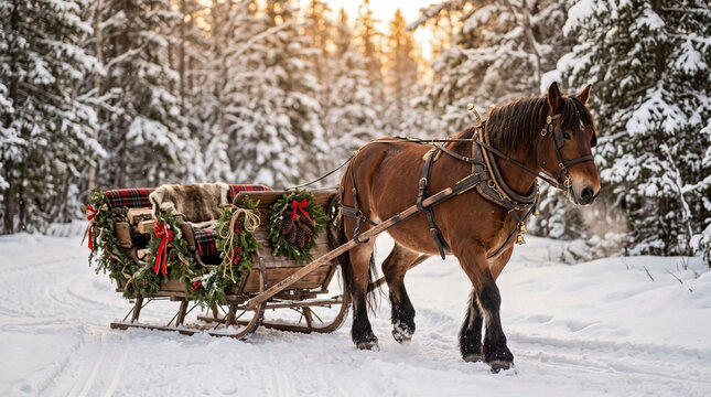 Draft horse pulling a decorated wooden sleigh through a snowy winter forest for holiday greeting cards, Christmas blogs, and traditional winter travel promotions