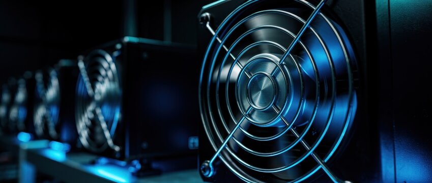 Cooling fans on server hardware in a dark data center. Industrial equipment features metal grilles and glowing blue lights. Crypto mining farm concept, ideal for tech and digital finance media.