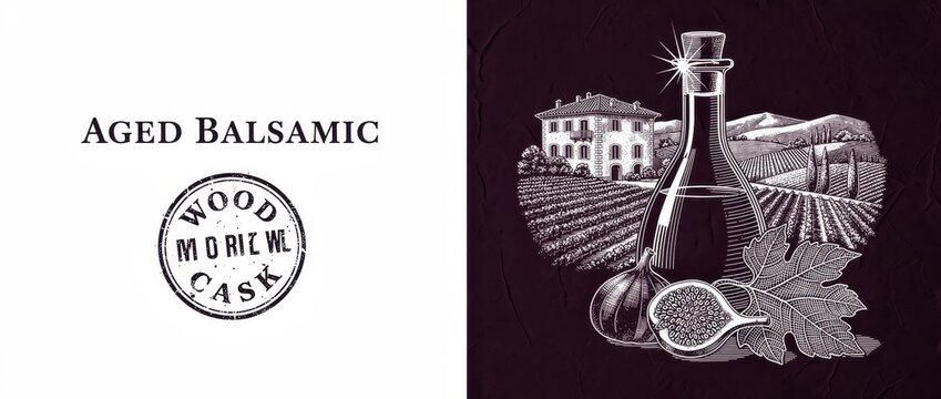 Vintage hand-drawn illustration of balsamic vinegar bottle with fig and vineyard. Etched graphic featuring an Italian villa and grape leaves. Premium culinary concept for gourmet food branding.