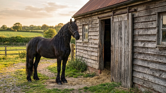 Friesian horse standing calmly beside old wooden barn at golden hour in rural pasture, ideal for equestrian blogs, farm life websites, animal calendars, and country living content.