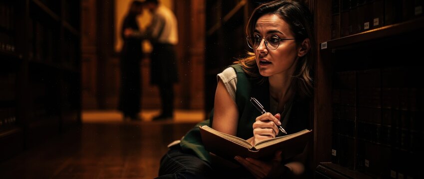 Woman with glasses writing in book on floor of old library. Student looking startled while eavesdropping on couple in background. Academic mystery concept for storytelling and education marketing.