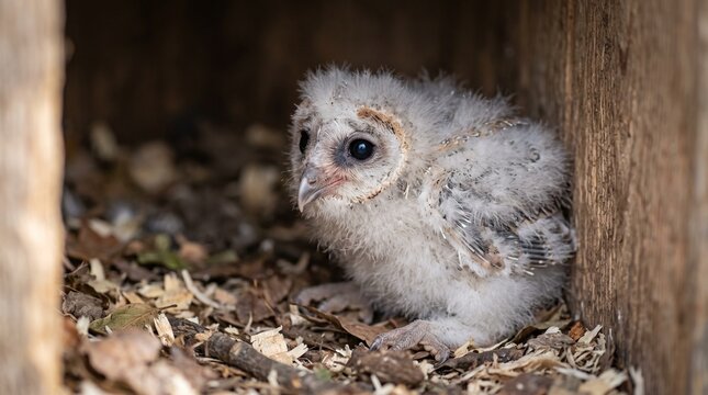 Close up of a fluffy baby owl sitting inside a dark wooden nesting box, covered in soft white downy feathers, looking out with large eyes