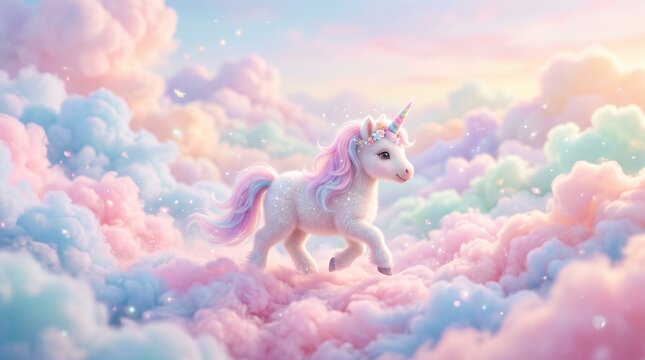 Magical white unicorn with a pink and blue mane running through fluffy pastel colored clouds in a dreamy sky at sunset with sparkling light