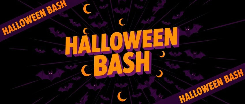 Halloween Bash bold text on dark background with flying purple bats. Graphic design features crescent moons and dynamic radial lines. Festive event concept for party invitations and marketing.