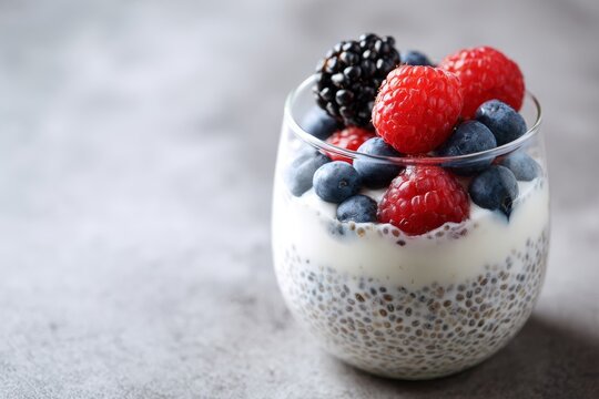 Healthy chia seed pudding layered with yogurt and topped with fresh raspberries, blueberries, and blackberry in a glass