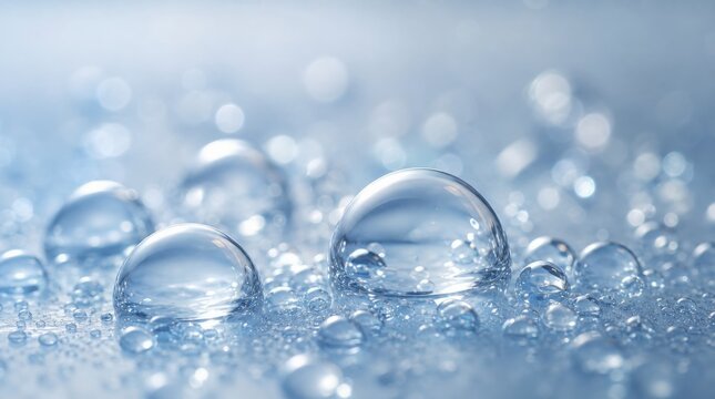 Close-up of clear water droplets on a smooth surface, showcasing light reflections and a cool, blue-toned background.