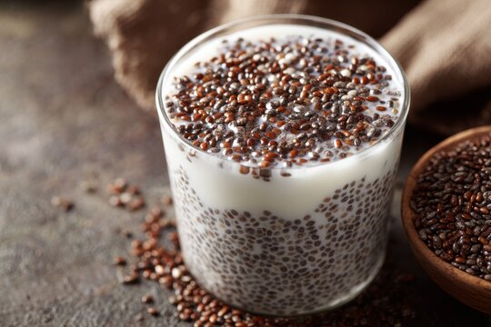 Chia seed pudding with milk or yogurt in a glass cup on a dark rustic background