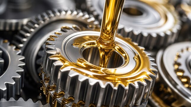 Close-up of golden lubricant oil pouring onto interlocking metal gears in a mechanical system.
