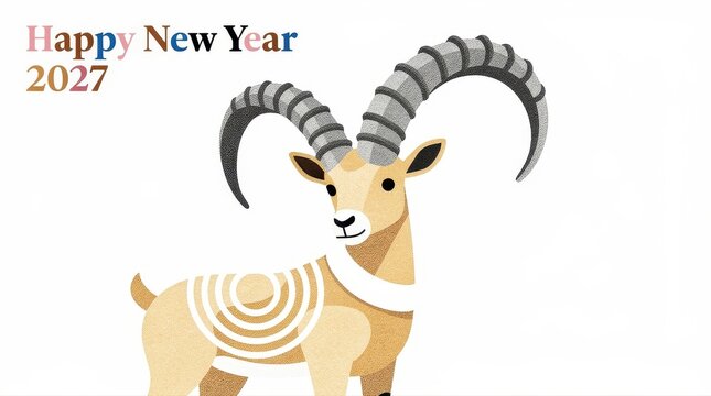 Stylized ibex illustration for Happy New Year 2027. Minimalist goat design with textured patterns and large horns on white. Chinese zodiac concept for festive greeting cards and marketing.
