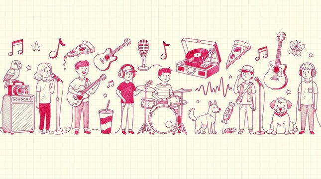 Hand-drawn red ink musical doodle on grid paper. Features teens, instruments, pets, and lifestyle items. Youth culture and creativity concept for background use.