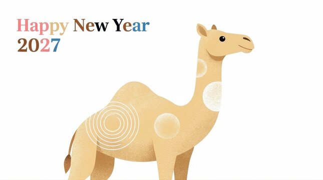 Stylized camel illustration with Happy New Year 2027 text. Minimalist dromedary design featuring textured patterns on white background. Festive greeting card concept for holiday marketing.
