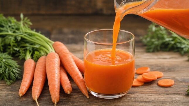 Fresh carrot juice is poured into a glass, surrounded by whole carrots and carrot slices on a rustic wooden surface.