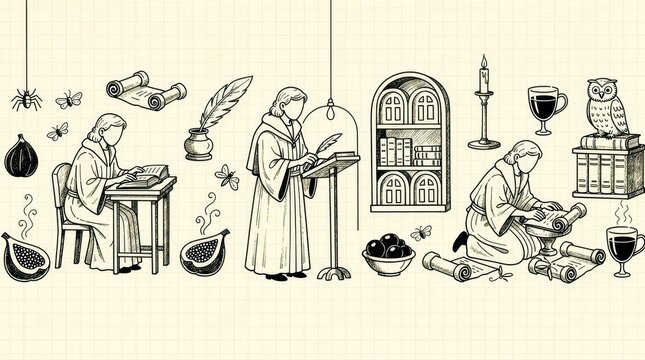 Vintage line art of medieval scholars writing and studying in a library. Hand-drawn sketch featuring monks, scrolls, and academic symbols. Historical knowledge concept for educational publishing.