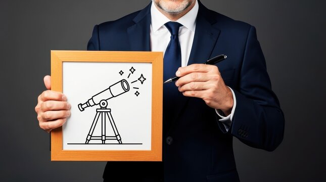 Businessman holding frame with telescope drawing and pen. Corporate professional presenting vision and future discovery. Strategic planning and foresight concept for business growth.