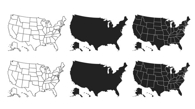 United states of america map set with states borders, outline, and silhouette variations