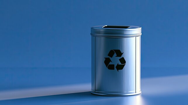A metallic recycling bin with the universal recycling symbol on a blue background