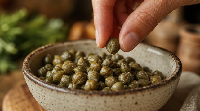 A hand picking a caper from a ceramic bowl filled with capers on a wooden surface with a blurred background.