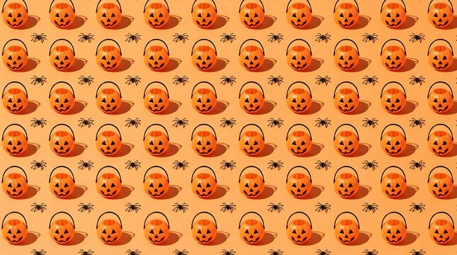 Seamless pattern of halloween pumpkin buckets and spiders