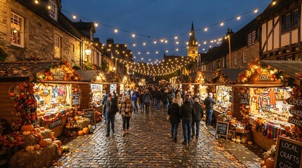 Obraz premium Magical christmas market street at night, festive european old town square, illuminated traditional wooden stalls, holiday season evening atmosphere
