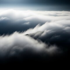Obraz premium Thick billows of rolling white fog swirl through a dark landscape, creating a textured grainy effect with soft lighting and deep shadows, depth, soft, swirls