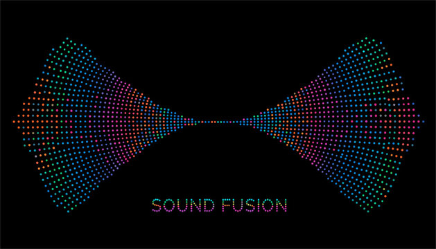 Vibrant and colorful digital sound fusion wave visualization in a stylized butterfly shape on a solid black background.
