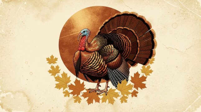 Wild turkey illustration with fan tail over maple leaves. Vintage graphic style with textured parchment background. Thanksgiving holiday concept, ideal for seasonal marketing and harvest designs.